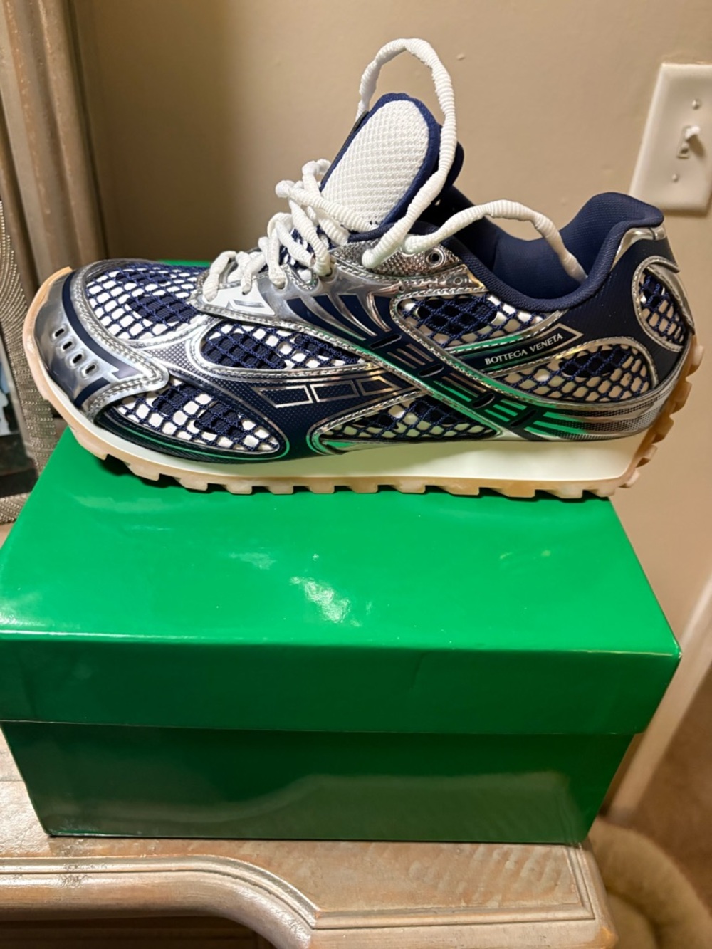 Bottega Veneta Navy Silver Mesh Men Sneakers